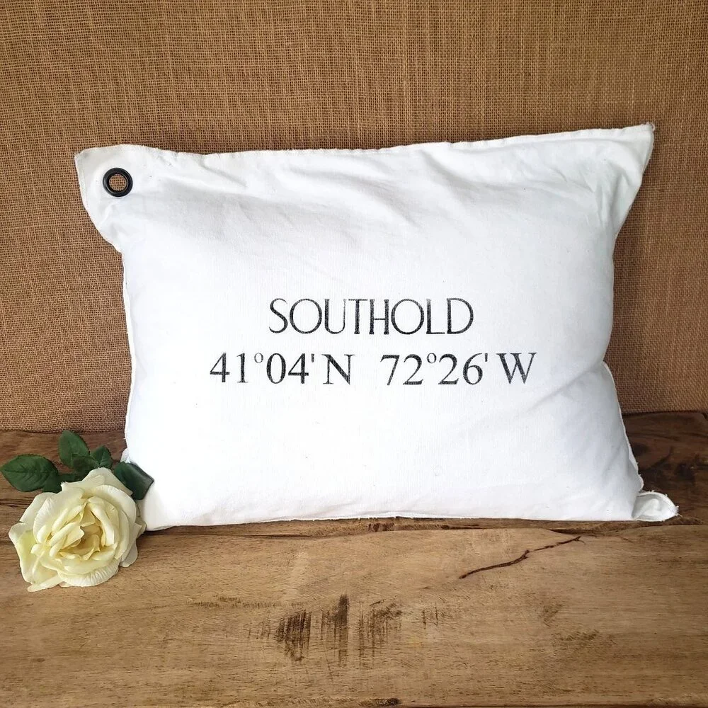 Southold LI Nautical Map Coordinates White Cotton Canvas Down Pillow Beach House